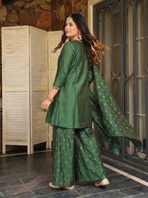 Women's Beautiful Embroidery Work Silk Fabric Straight Kurta Sharara and Dupatta Set 4
