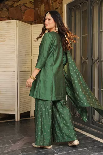 Women's Beautiful Embroidery Work Silk Fabric Straight Kurta Sharara and Dupatta Set
