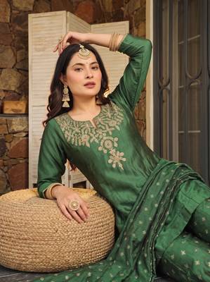Women's Beautiful Embroidery Work Silk Fabric Straight Kurta Sharara and Dupatta Set 5