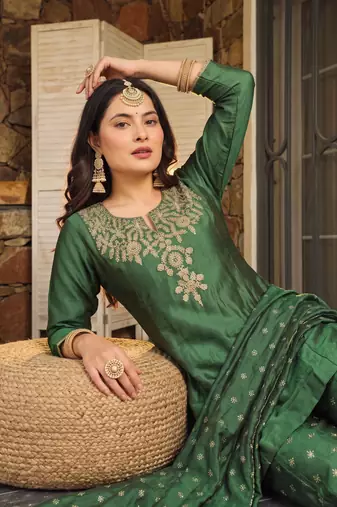 Women's Beautiful Embroidery Work Silk Fabric Straight Kurta Sharara and Dupatta Set