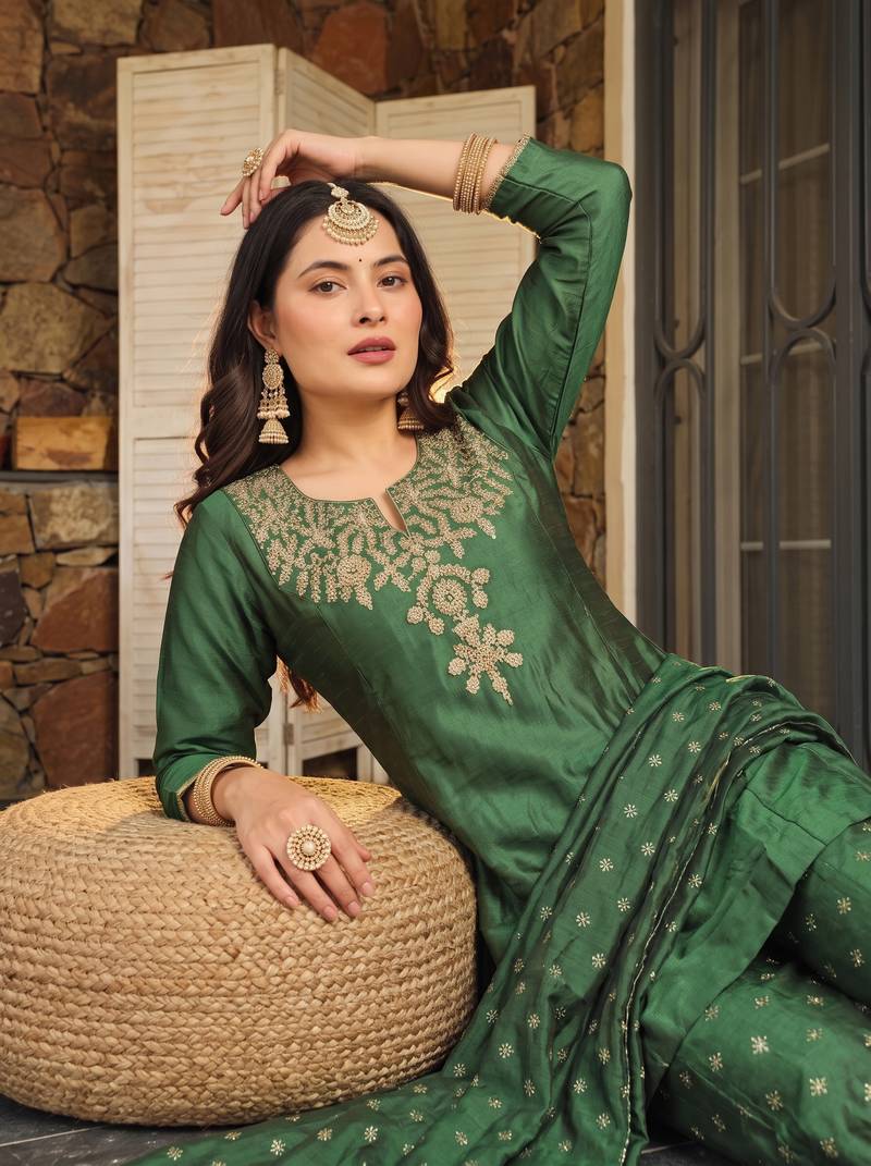 Women's Beautiful Embroidery Work Silk Fabric Straight Kurta Sharara and Dupatta Set