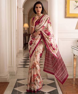 silk blend floral digital printed saree for women with contrast printed pallu 1