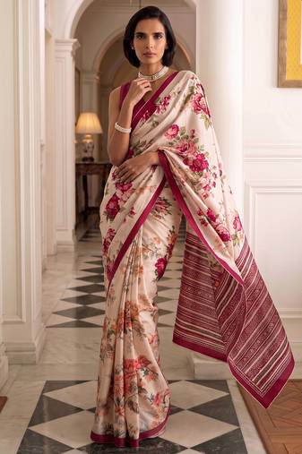 silk blend floral digital printed saree for women with contrast printed pallu