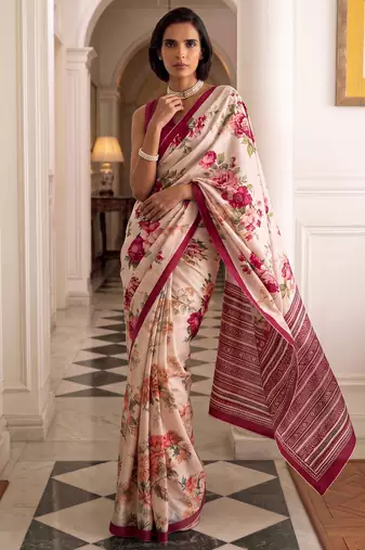 silk blend floral digital printed saree for women with contrast printed pallu