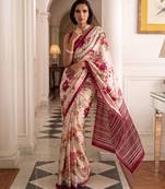 silk blend floral digital printed saree for women with contrast printed pallu