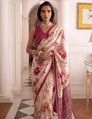 silk blend floral digital printed saree for women with contrast printed pallu 2