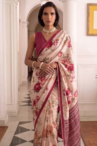 silk blend floral digital printed saree for women with contrast printed pallu