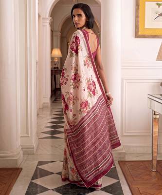 silk blend floral digital printed saree for women with contrast printed pallu 3