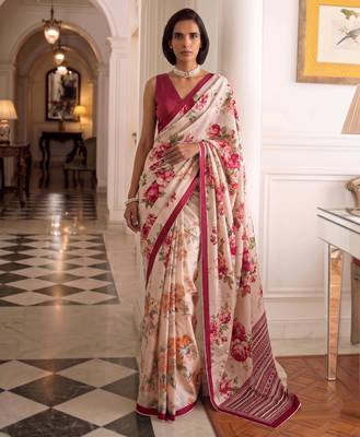 silk blend floral digital printed saree for women with contrast printed pallu 4