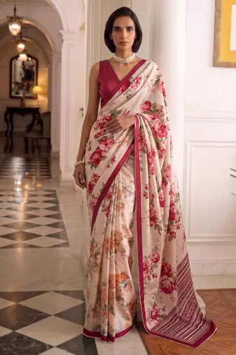 silk blend floral digital printed saree for women with contrast printed pallu