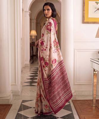 silk blend floral digital printed saree for women with contrast printed pallu 5