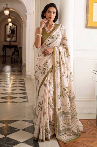 silk blend floral digital printed saree for women with contrast printed pallu