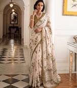silk blend floral digital printed saree for women with contrast printed pallu
