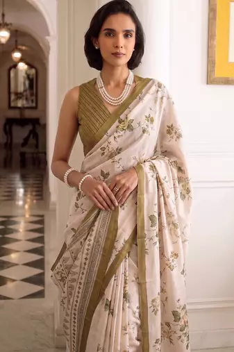 silk blend floral digital printed saree for women with contrast printed pallu