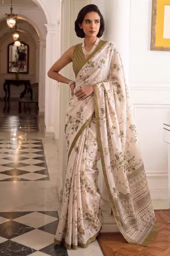 silk blend floral digital printed saree for women with contrast printed pallu