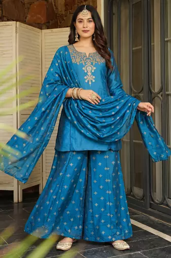 Women's Beautiful Embroidery Work Silk Fabric Straight Kurta Sharara and Dupatta Set