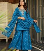 Women's Beautiful Embroidery Work Silk Fabric Straight Kurta Sharara and Dupatta Set