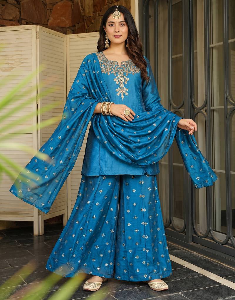 Women's Beautiful Embroidery Work Silk Fabric Straight Kurta Sharara and Dupatta Set