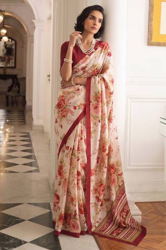 silk blend floral digital printed saree for women with contrast printed pallu