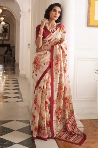 silk blend floral digital printed saree for women with contrast printed pallu