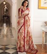silk blend floral digital printed saree for women with contrast printed pallu