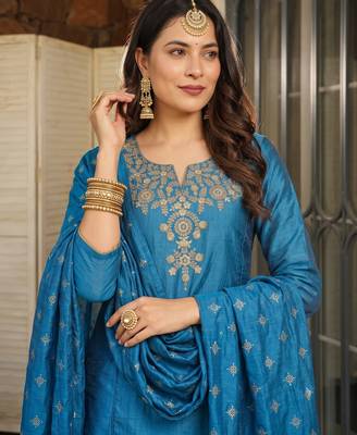 Women's Beautiful Embroidery Work Silk Fabric Straight Kurta Sharara and Dupatta Set 2