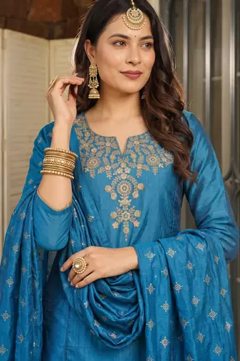 Women's Beautiful Embroidery Work Silk Fabric Straight Kurta Sharara and Dupatta Set