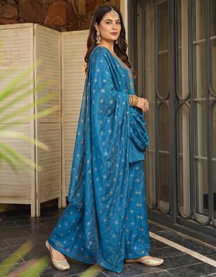 Women's Beautiful Embroidery Work Silk Fabric Straight Kurta Sharara and Dupatta Set 3