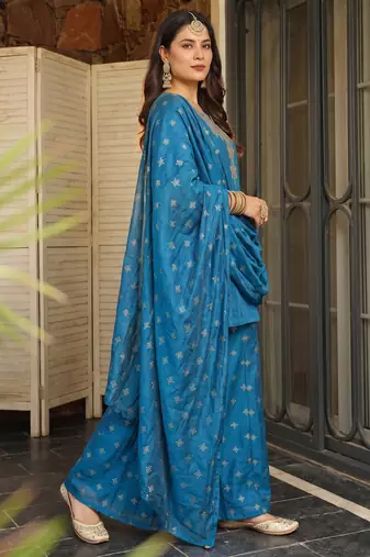 Women's Beautiful Embroidery Work Silk Fabric Straight Kurta Sharara and Dupatta Set