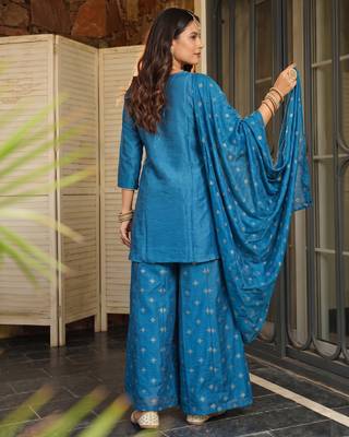 Women's Beautiful Embroidery Work Silk Fabric Straight Kurta Sharara and Dupatta Set 4