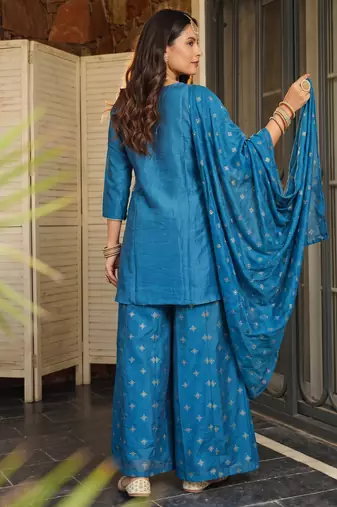 Women's Beautiful Embroidery Work Silk Fabric Straight Kurta Sharara and Dupatta Set