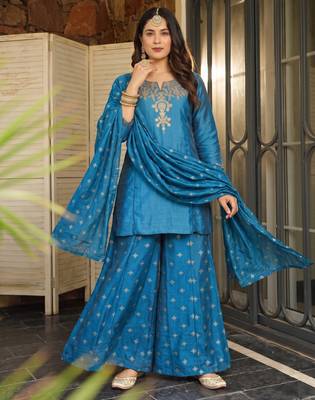 Women's Beautiful Embroidery Work Silk Fabric Straight Kurta Sharara and Dupatta Set 5