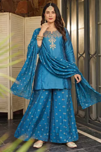 Women's Beautiful Embroidery Work Silk Fabric Straight Kurta Sharara and Dupatta Set