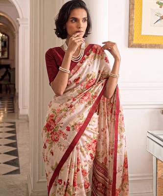 silk blend floral digital printed saree for women with contrast printed pallu 2