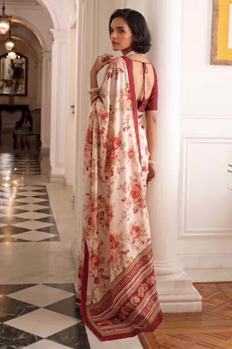 silk blend floral digital printed saree for women with contrast printed pallu