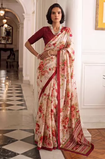 silk blend floral digital printed saree for women with contrast printed pallu