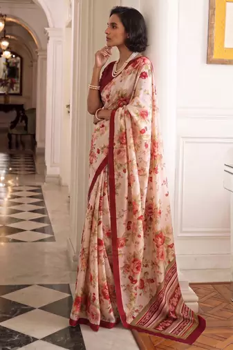 silk blend floral digital printed saree for women with contrast printed pallu