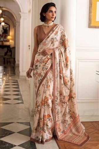 silk blend floral digital printed saree for women with contrast printed pallu