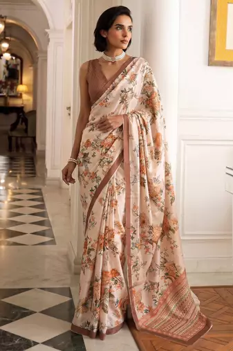 silk blend floral digital printed saree for women with contrast printed pallu