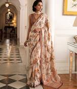 silk blend floral digital printed saree for women with contrast printed pallu