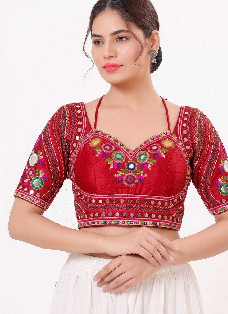 Red italian silk real mirror mumtaz cut blouse