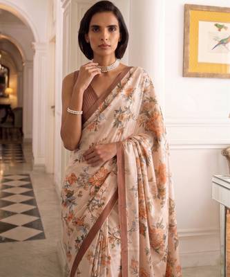 silk blend floral digital printed saree for women with contrast printed pallu 2