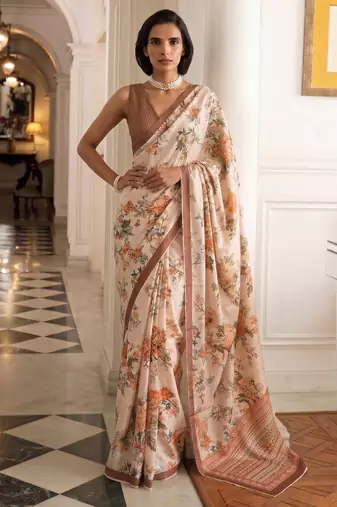 silk blend floral digital printed saree for women with contrast printed pallu