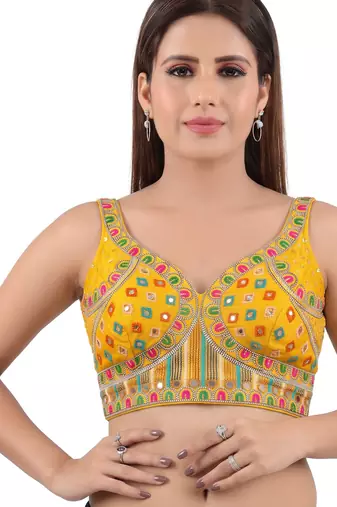 Yellow italian silk mirror kaudi lace readymade blouse