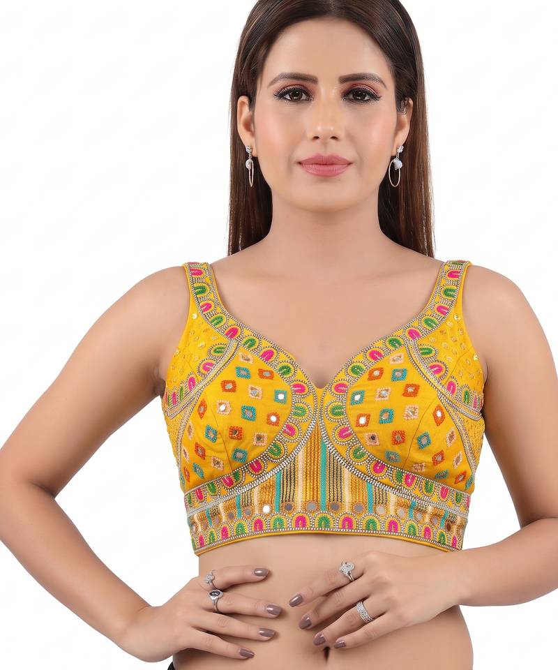Yellow italian silk mirror kaudi lace readymade blouse