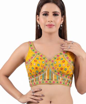 Yellow italian silk mirror kaudi lace readymade blouse 2