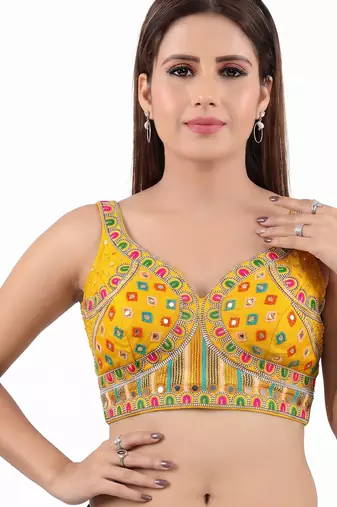 Yellow italian silk mirror kaudi lace readymade blouse