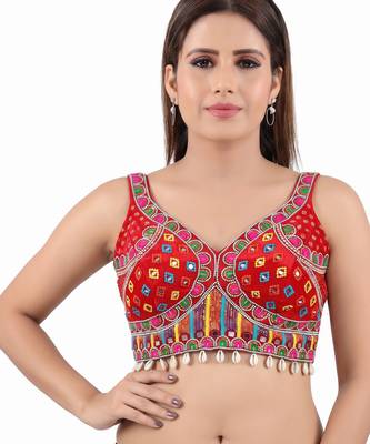 Red italian silk mirror kaudi lace readymade blouse 1