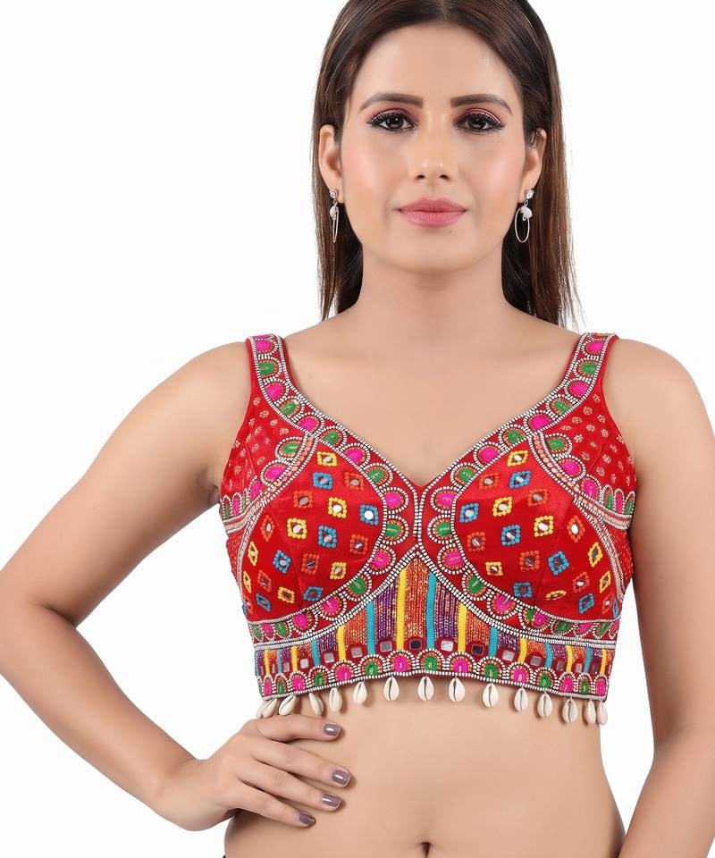 Red italian silk mirror kaudi lace readymade blouse