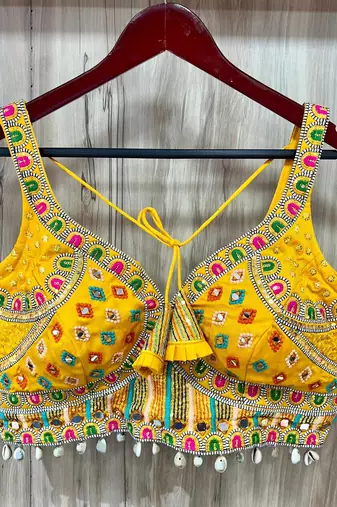 Yellow italian silk mirror kaudi lace readymade blouse